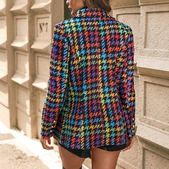 Multicolor Casual Women's Colored Houndstooth Print Lapel Long Sleeve Wool Coat - Picture 2 of 6